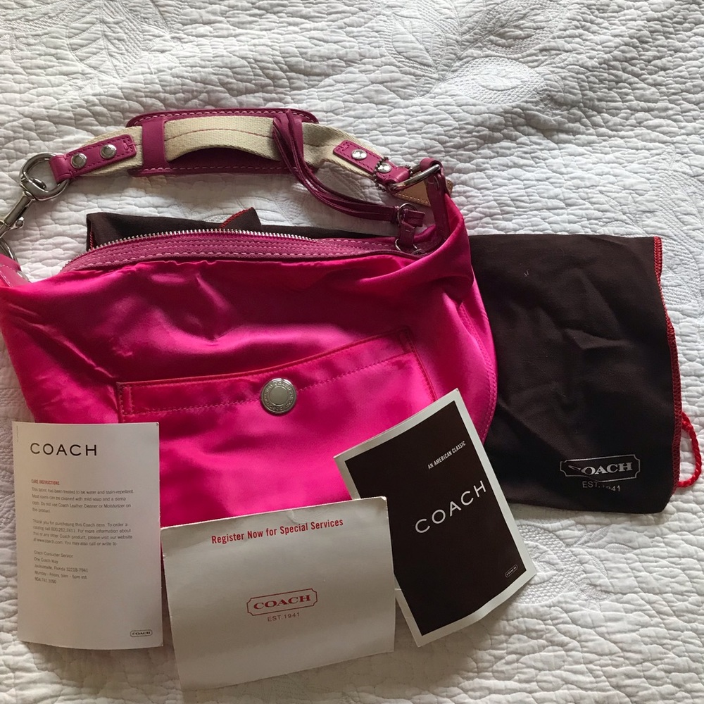Bright pink Coach satin hobo bag